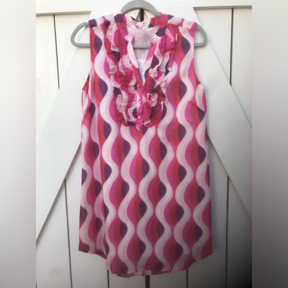 Joy Joy Pink and White Sleeveless Ruffle Yoke Cotton Mini Dress